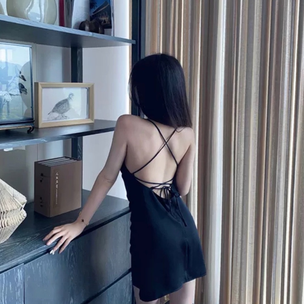 Black Satin Criss-Cross Backless Adjustable Dress